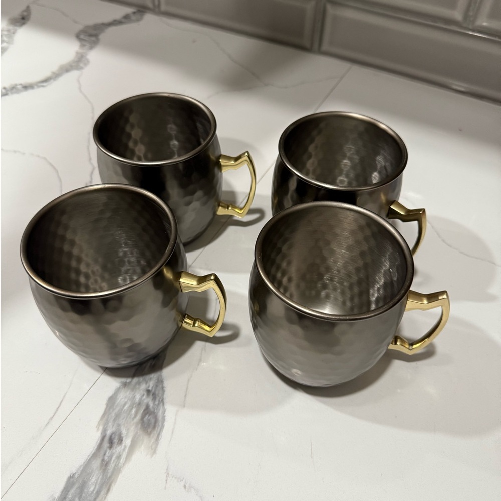 Hammered Stainless Steel Mugs with Gold Handles